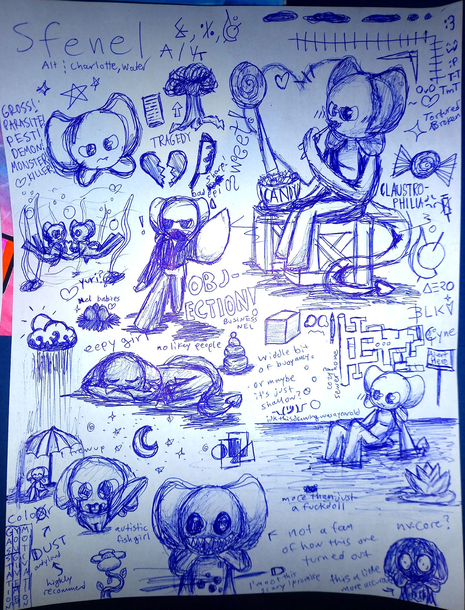 a piece of paper with numerous sketches of an amphibian character. her name is sfenel. she seems to represent sweetness, growing up from a baby to hypermaturity, and tragedy