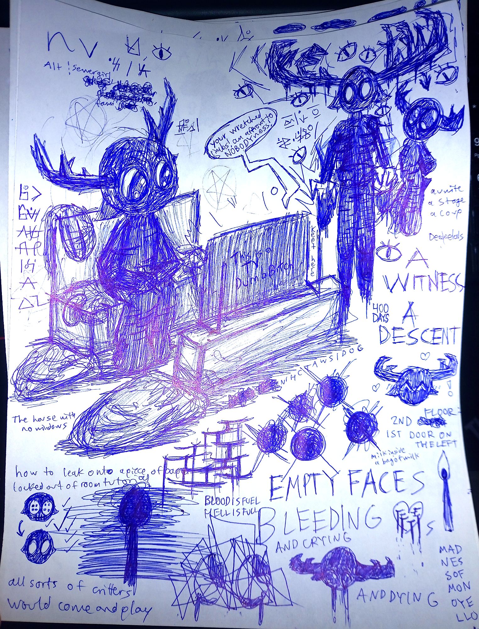 a piece of paper with numerous sketches of a shadow deer character. her name is envy. she is the queen of the hollow hell.